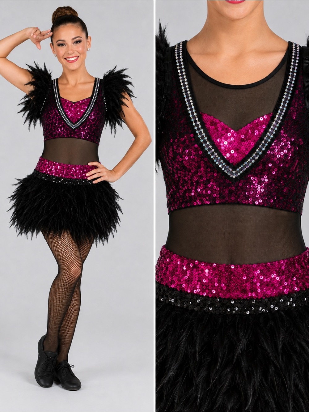Glamour solo custom dance costume black feather hot pink sequin MA-Medium adult